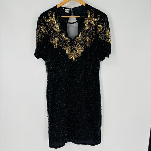 Vintage Stenay 100% Silk Dress Size 10 Womens Black Embroidered Sequin 1980's - Picture 1 of 11
